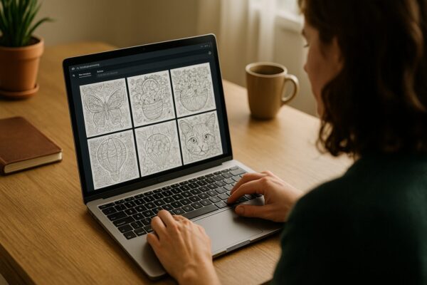 A woman seated at a wooden desk works on AI-generated coloring book designs displayed on her laptop screen.