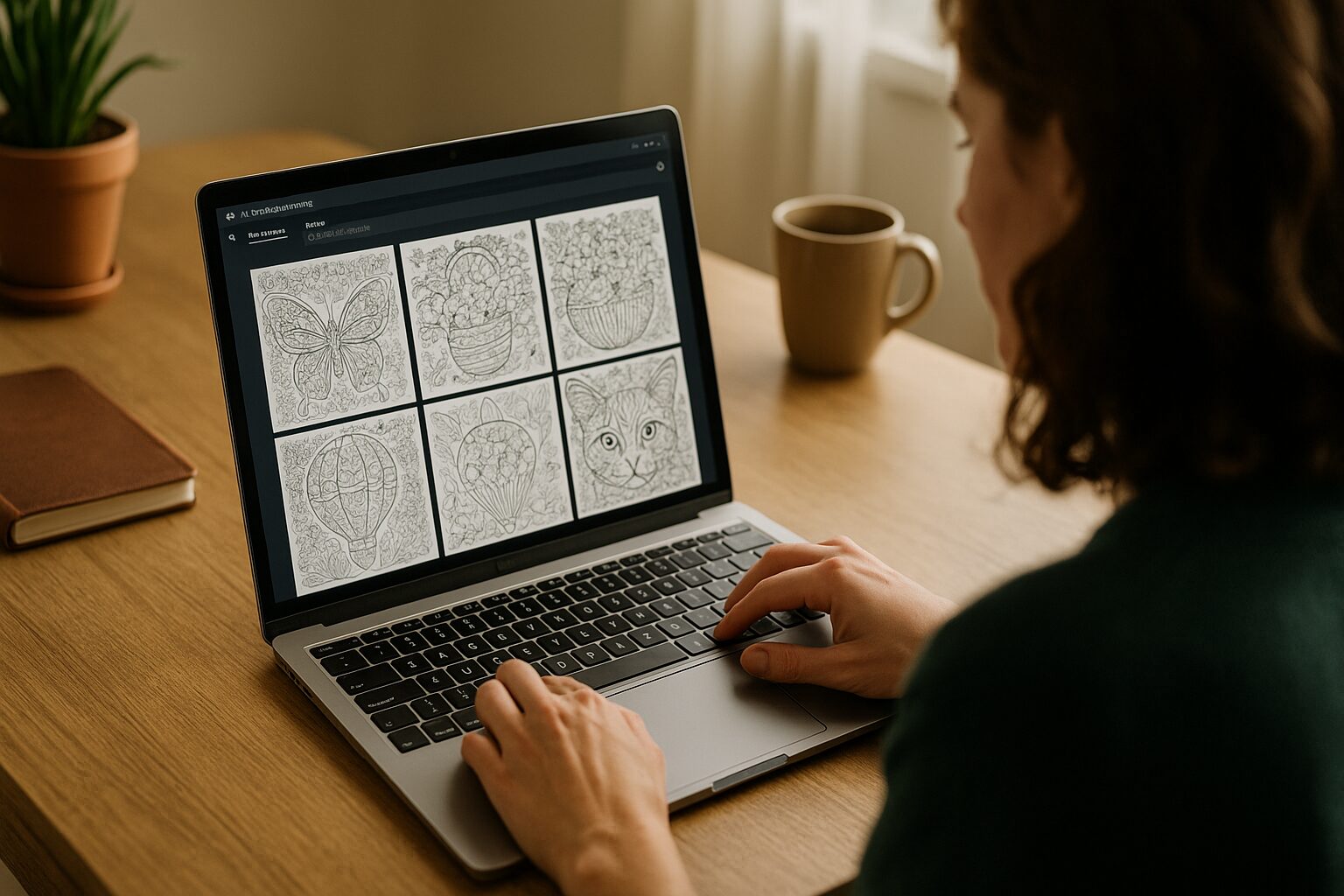 A woman seated at a wooden desk works on AI-generated coloring book designs displayed on her laptop screen.