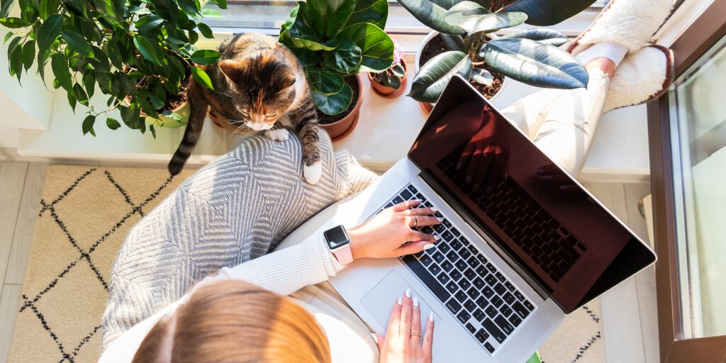 Woman working on a laptop by a sunny window surrounded by houseplants, with a cat sitting nearby and a smartwatch on her wrist