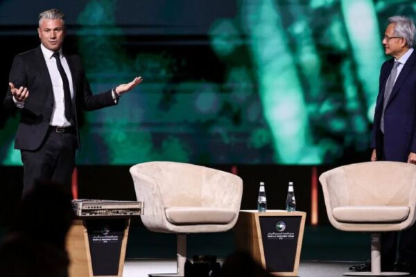 Tareq Amin and Jensen Huang at the Saudi-U.S. Investment Forum in Riyadh, Saudi Arabia, on May 13, 2025