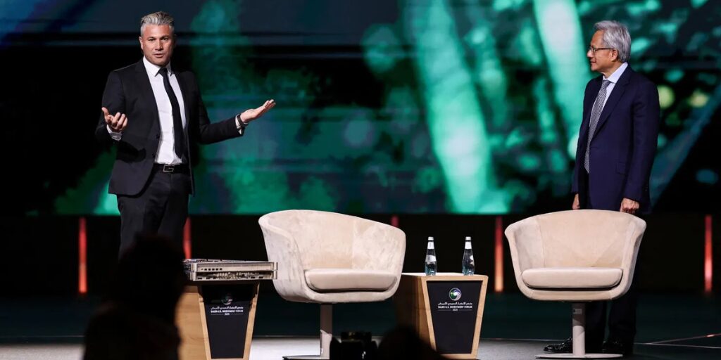 Tareq Amin and Jensen Huang at the Saudi-U.S. Investment Forum in Riyadh, Saudi Arabia, on May 13, 2025