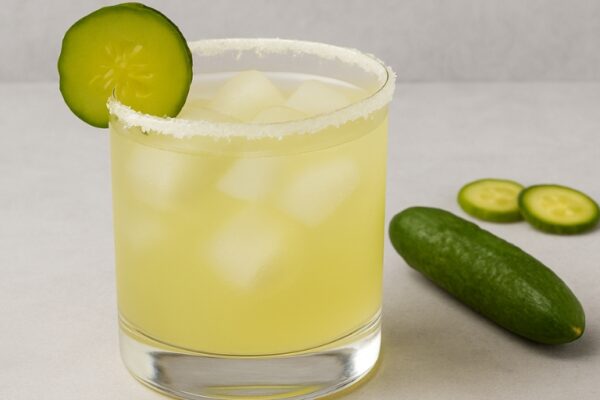 Pickle Margaritas Are The Unexpected Trend Of 2025—Here’s How To Make One Pickle margarita with pickle garnish on a table.