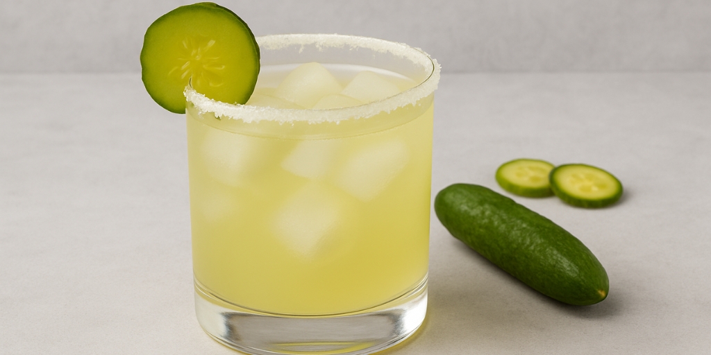 Pickle margarita with pickle garnish on a table.