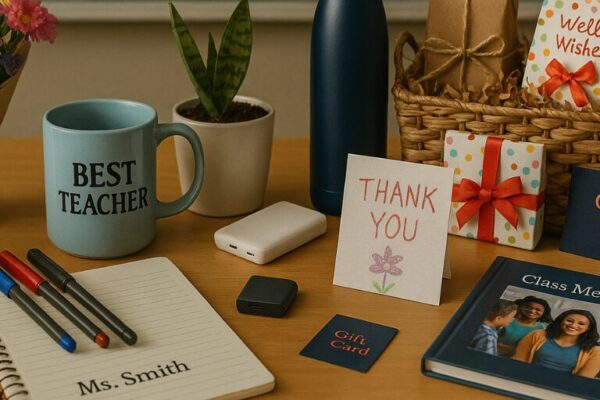 Teacher’s desk with a Best Teacher mug, notebook and pens, candle, flowers, gift basket, gift cards, and a thank-you card.