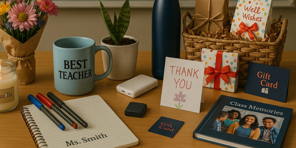 Teacher’s desk with a Best Teacher mug, notebook and pens, candle, flowers, gift basket, gift cards, and a thank-you card.