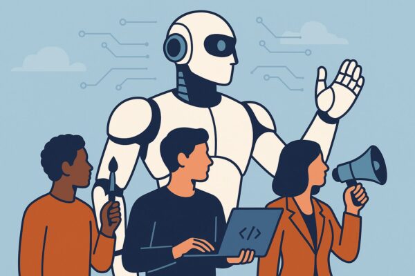 Illustration of AI head with chip, robotic arm, coder, and rising charts representing AI in tech and marketing.