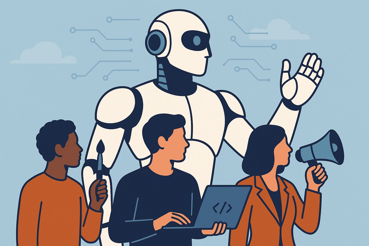 Illustration of AI head with chip, robotic arm, coder, and rising charts representing AI in tech and marketing.