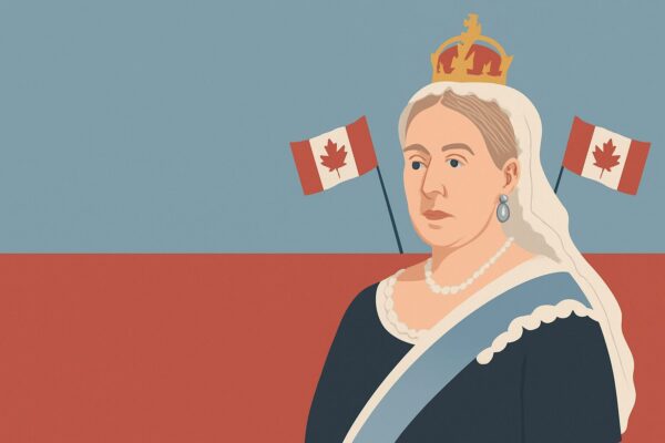 Illustration of Queen Victoria wearing a crown, pearl necklace, and navy dress with a blue sash, flanked by two Canadian flags on a red and blue background.
