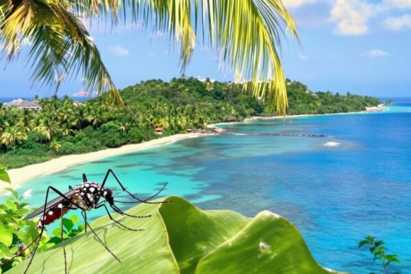 Mosquito on tropical leaf by Fijian beach scene