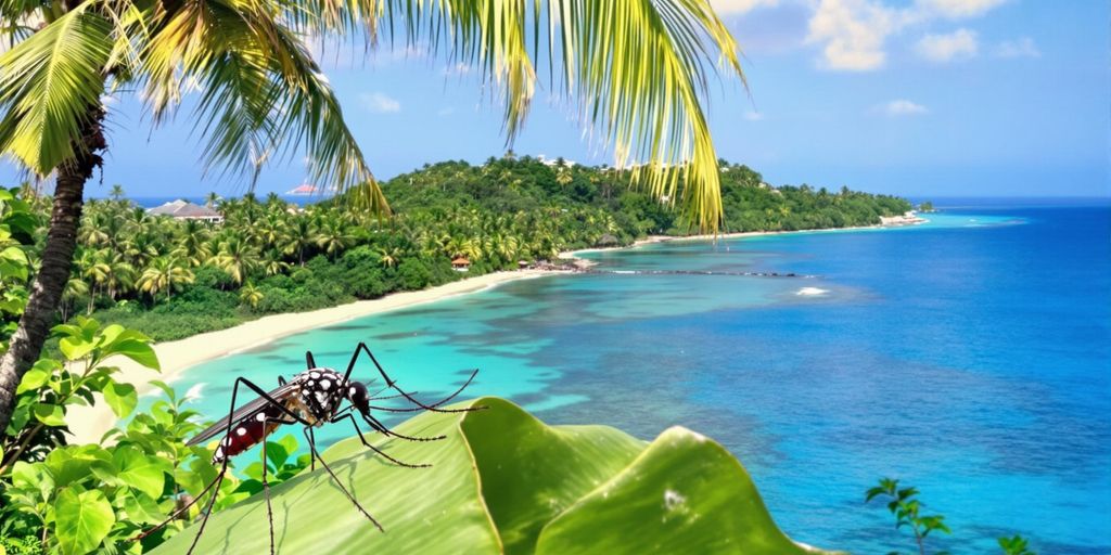 Mosquito on tropical leaf by Fijian beach scene