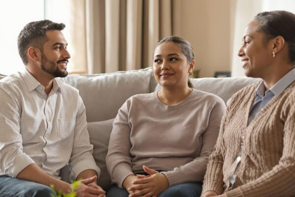 Young adult calmly discussing with parents in living room.