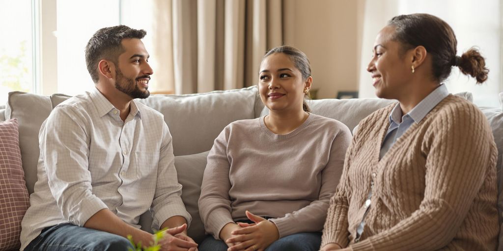 Young adult calmly discussing with parents in living room.