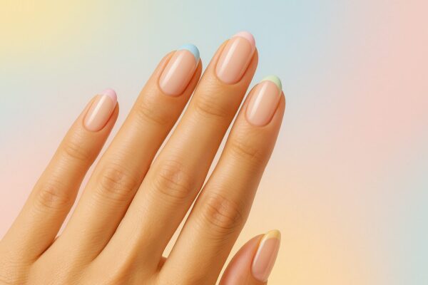 Hands with micro French manicured nails in spring colors