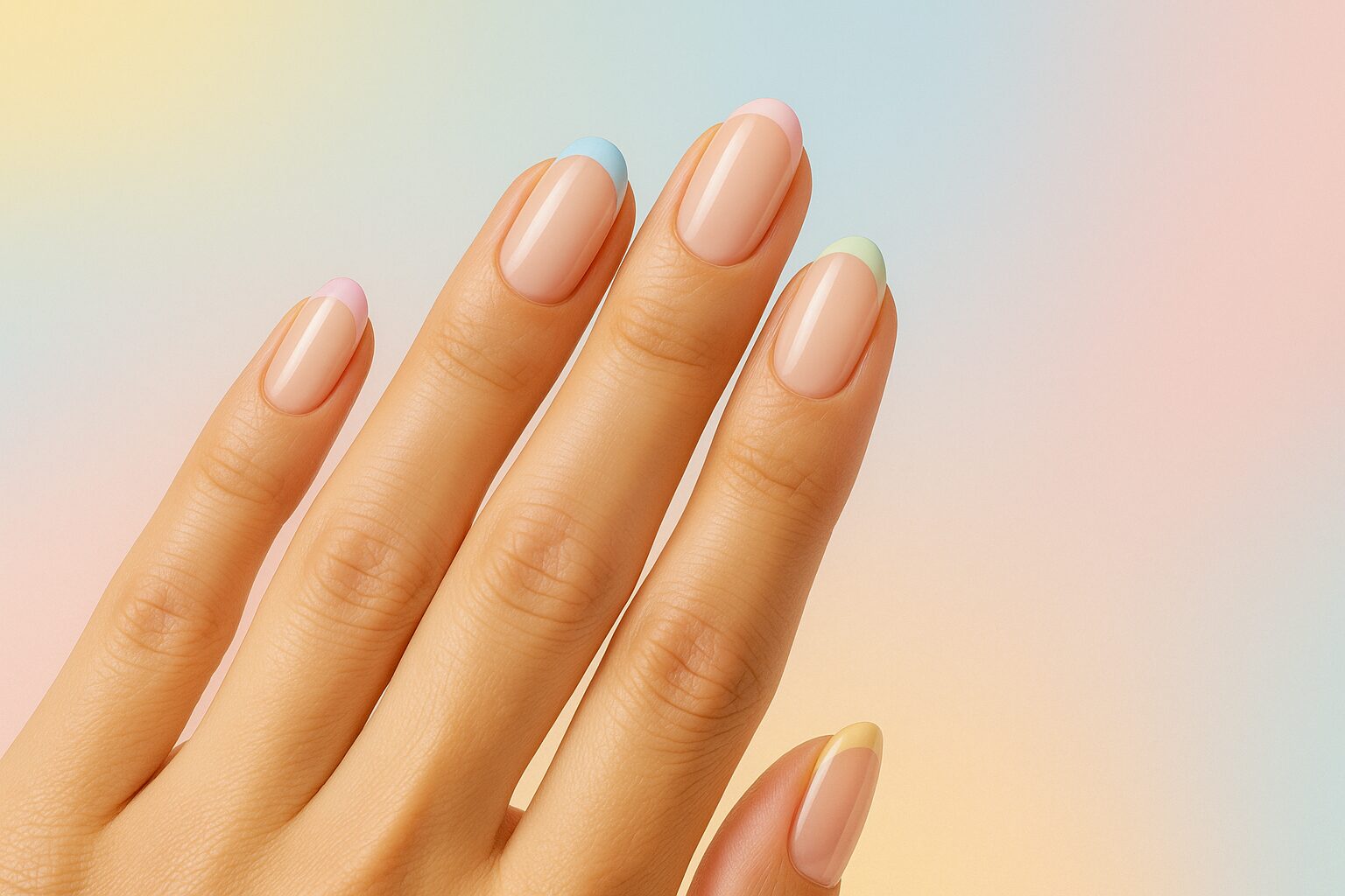 Hands with micro French manicured nails in spring colors
