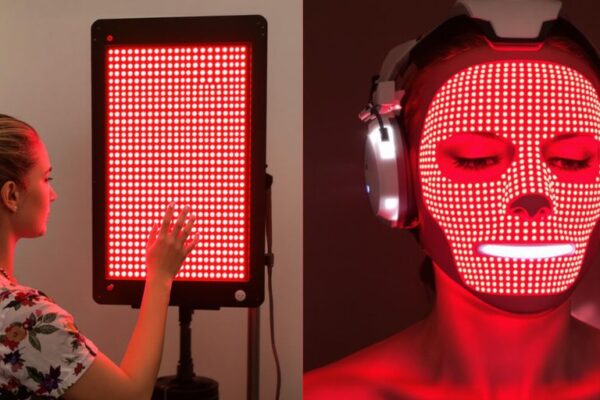 Woman with red light panel and woman wearing LED mask