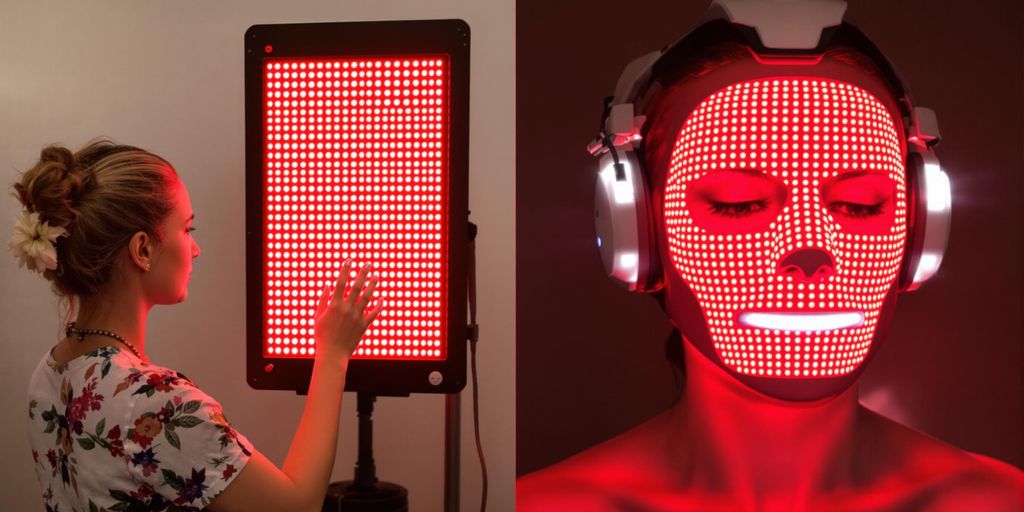 Woman with red light panel and woman wearing LED mask
