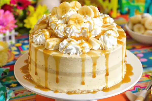 Banana pudding tres leches cake with whipped cream and bananas