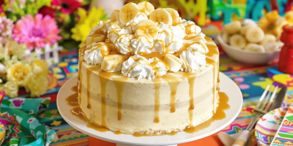 Banana pudding tres leches cake with whipped cream and bananas
