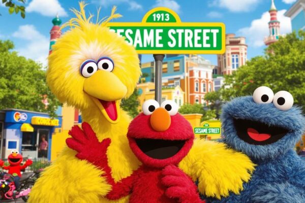 Elmo, Big Bird, Cookie Monster celebrating on Sesame Street set