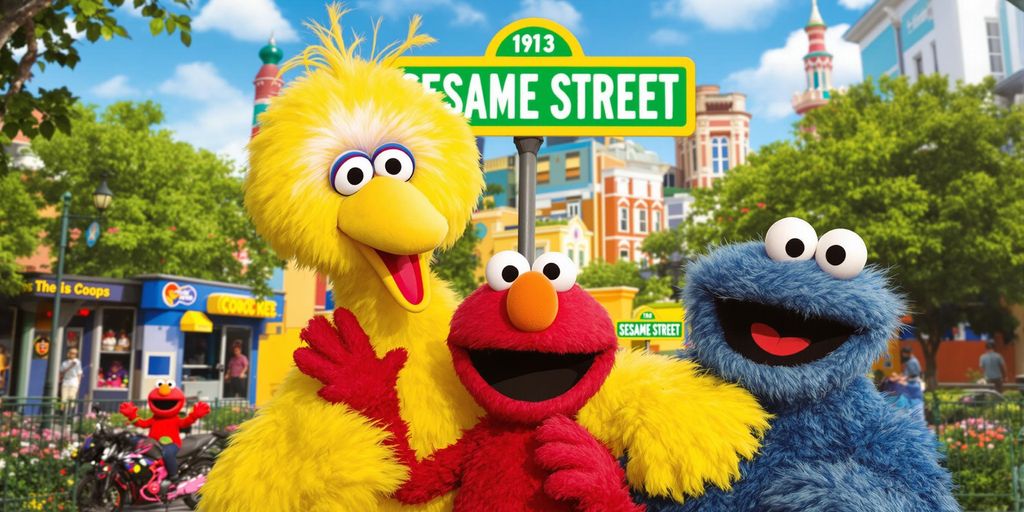 Elmo, Big Bird, Cookie Monster celebrating on Sesame Street set