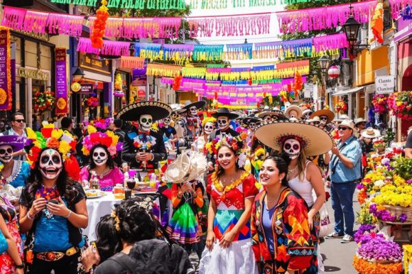 People in colorful costumes, skull masks, and festive decorations