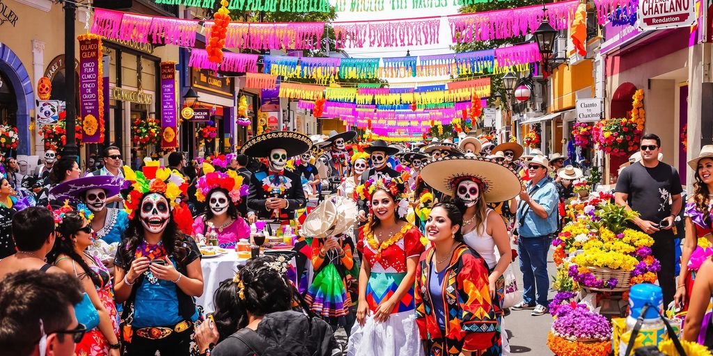 People in colorful costumes, skull masks, and festive decorations