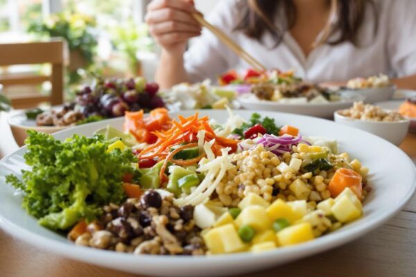 Person enjoying a healthy, colorful meal at home table.