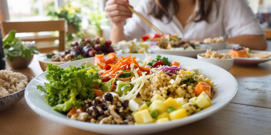Person enjoying a healthy, colorful meal at home table.