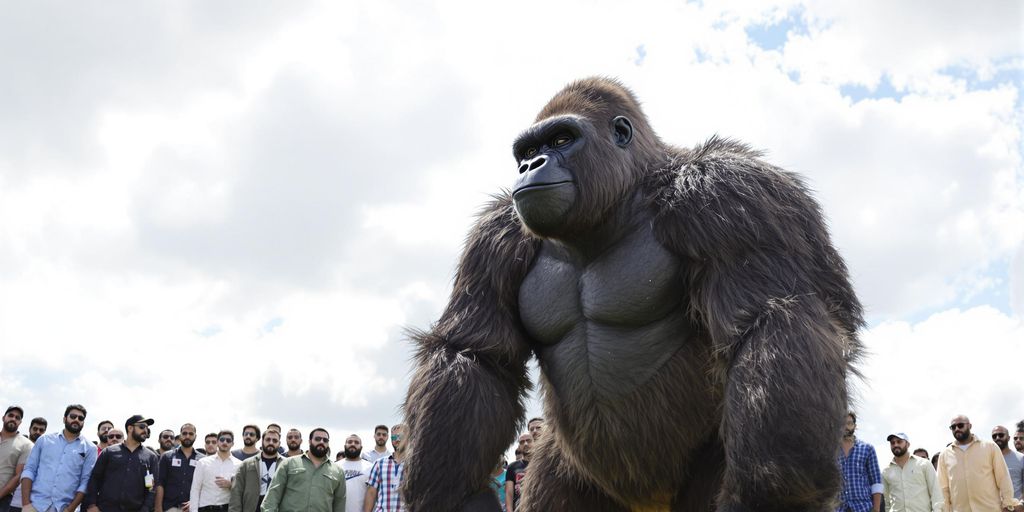 Large gorilla faces group of one hundred men outdoors