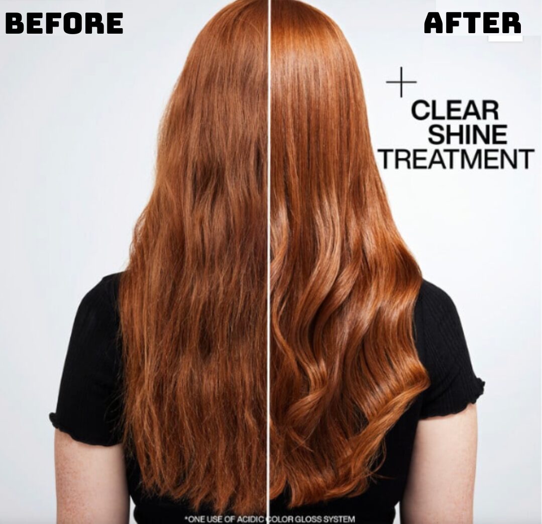 Before and After image of Gloss Hair Treatment. Clearly shinier hair. Lyfecity.