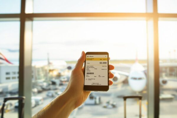 Traveler at airport holding phone, planes taking off