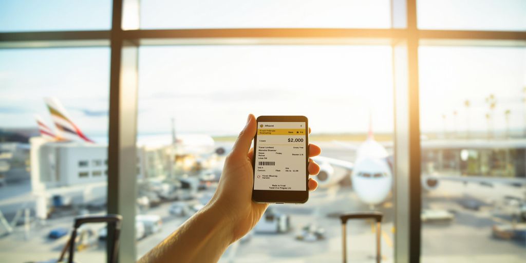 Traveler at airport holding phone, planes taking off
